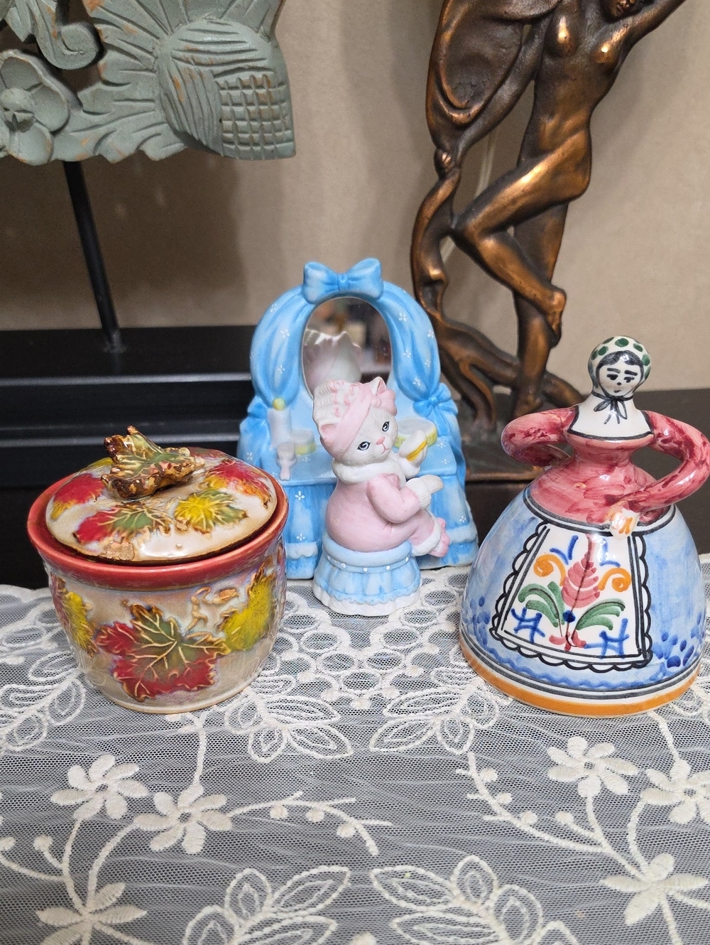 Vtg Bundle 3 Items Blue and Pink Ceramic Cat Figurine with Mirror Woman Bell